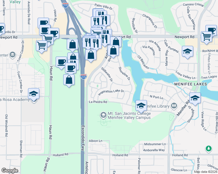 map of restaurants, bars, coffee shops, grocery stores, and more near 28260 Stillwater Drive in Menifee