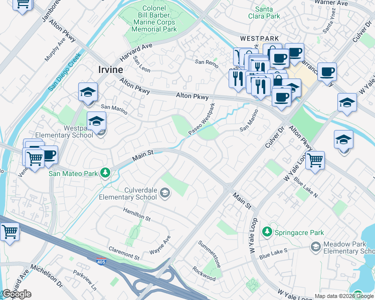map of restaurants, bars, coffee shops, grocery stores, and more near 24 Bahia in Irvine