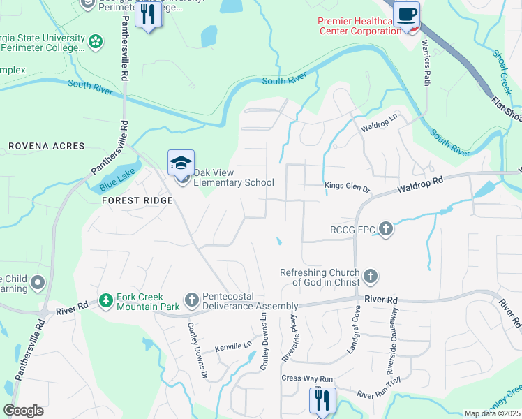 map of restaurants, bars, coffee shops, grocery stores, and more near 3100 River Oak Road in Decatur
