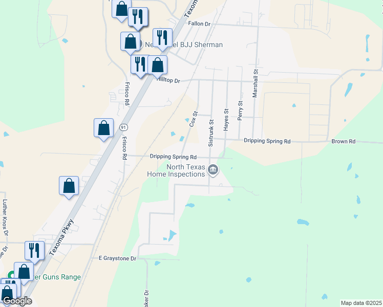 map of restaurants, bars, coffee shops, grocery stores, and more near 2709 Dripping Spring Road in Sherman
