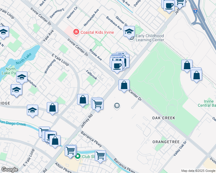 map of restaurants, bars, coffee shops, grocery stores, and more near 40 Fallbrook in Irvine