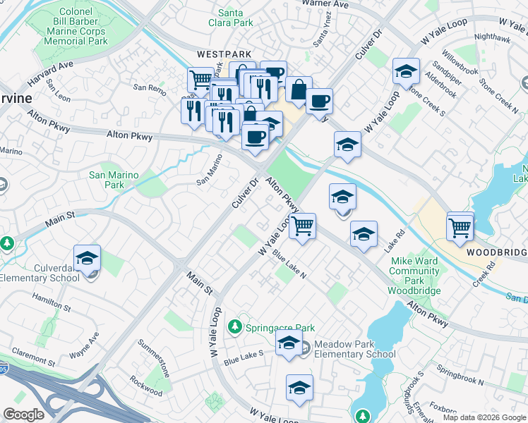 map of restaurants, bars, coffee shops, grocery stores, and more near 25 Greenfield in Irvine