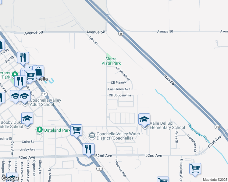 map of restaurants, bars, coffee shops, grocery stores, and more near 86051 Calle Pizano in Coachella