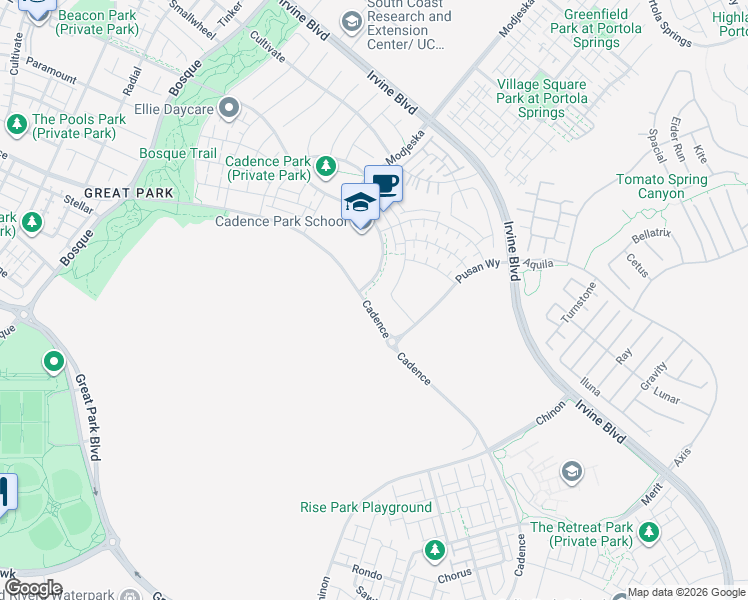 map of restaurants, bars, coffee shops, grocery stores, and more near 102 Spectacle in Irvine