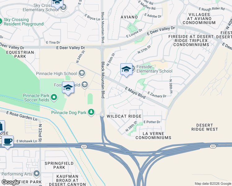 map of restaurants, bars, coffee shops, grocery stores, and more near 3646 East Zachary Drive in Phoenix
