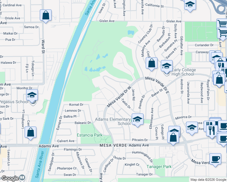 map of restaurants, bars, coffee shops, grocery stores, and more near 1879 Tahiti Drive in Costa Mesa