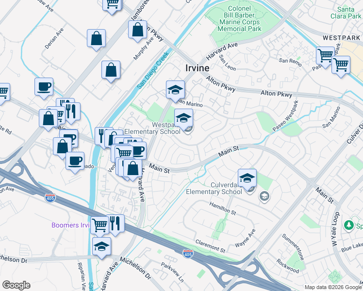 map of restaurants, bars, coffee shops, grocery stores, and more near 22 Laconia in Irvine