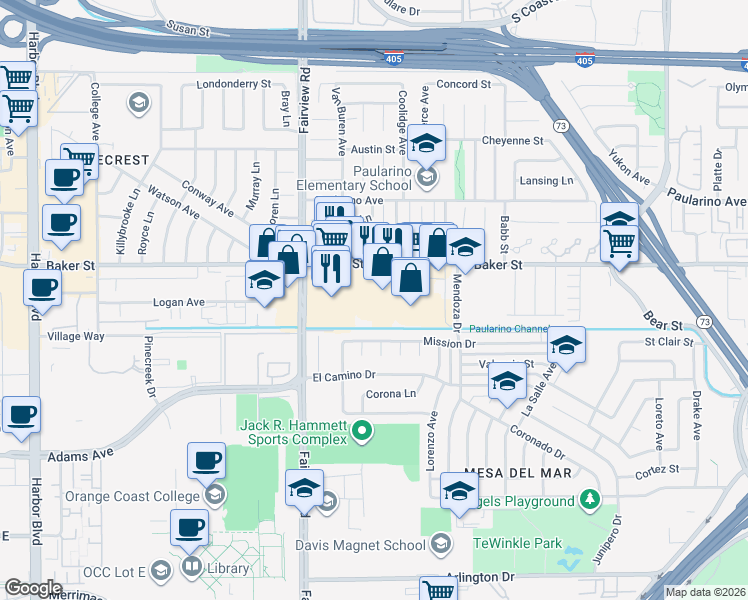 map of restaurants, bars, coffee shops, grocery stores, and more near 1133 Baker Street in Costa Mesa