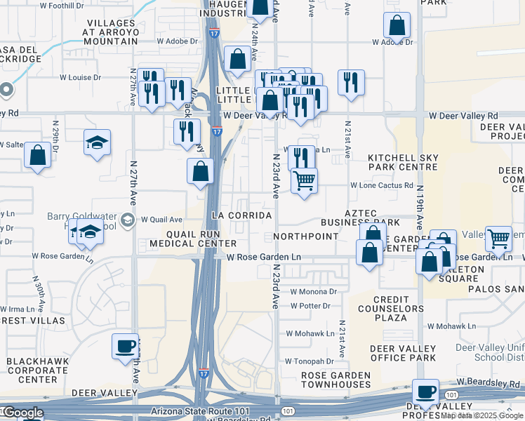 map of restaurants, bars, coffee shops, grocery stores, and more near 21239 North 24th Avenue in Phoenix