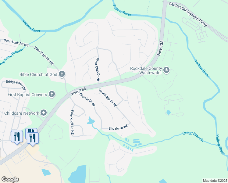 map of restaurants, bars, coffee shops, grocery stores, and more near 1407 Chelsea Downs Lane Northeast in Conyers