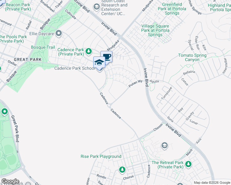 map of restaurants, bars, coffee shops, grocery stores, and more near 155 Spectacle in Irvine