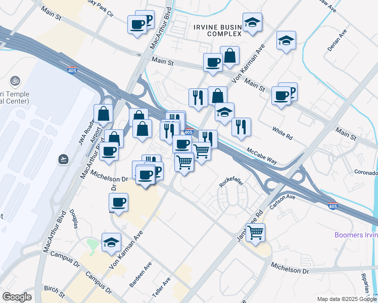 map of restaurants, bars, coffee shops, grocery stores, and more near 18111 Von Karman Avenue in Irvine