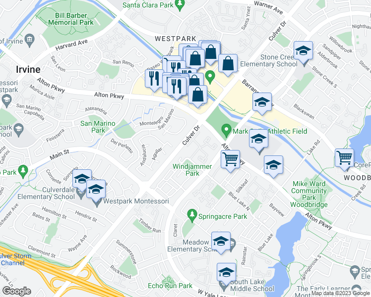 map of restaurants, bars, coffee shops, grocery stores, and more near 64 Woodleaf in Irvine