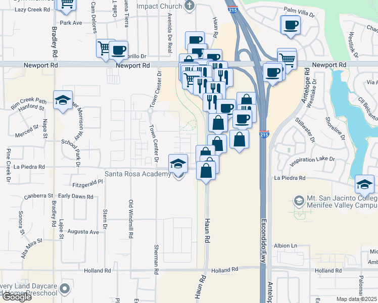 map of restaurants, bars, coffee shops, grocery stores, and more near 30433 Village Knoll Drive in Menifee