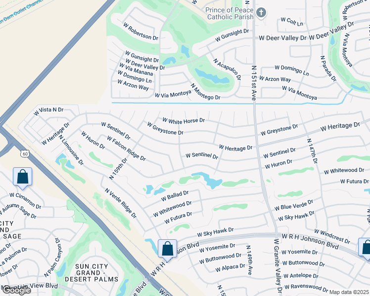 map of restaurants, bars, coffee shops, grocery stores, and more near 15622 West Heritage Drive in Sun City West