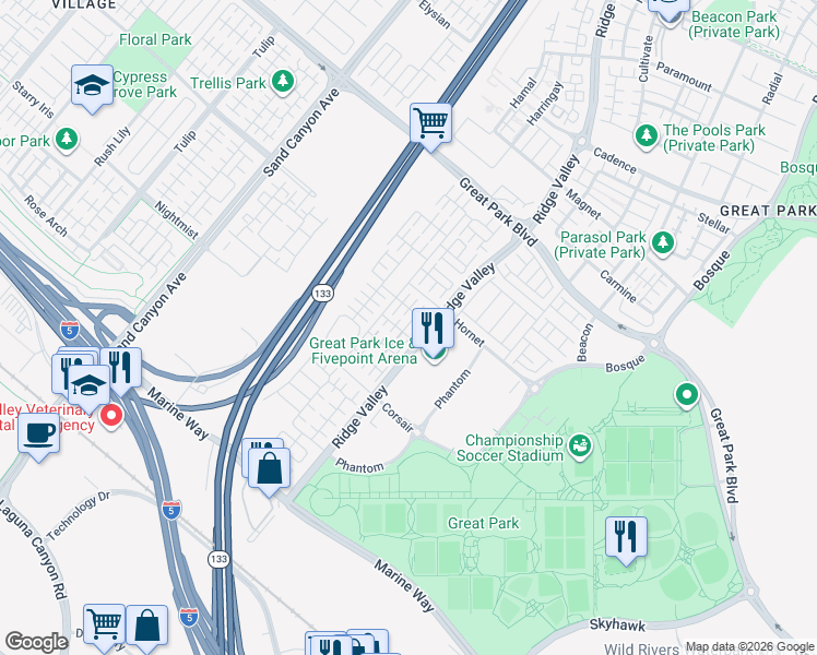 map of restaurants, bars, coffee shops, grocery stores, and more near 102 Holly Springs in Irvine