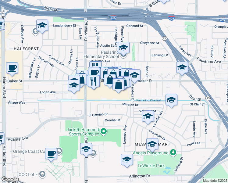map of restaurants, bars, coffee shops, grocery stores, and more near 1133 Baker Street in Costa Mesa