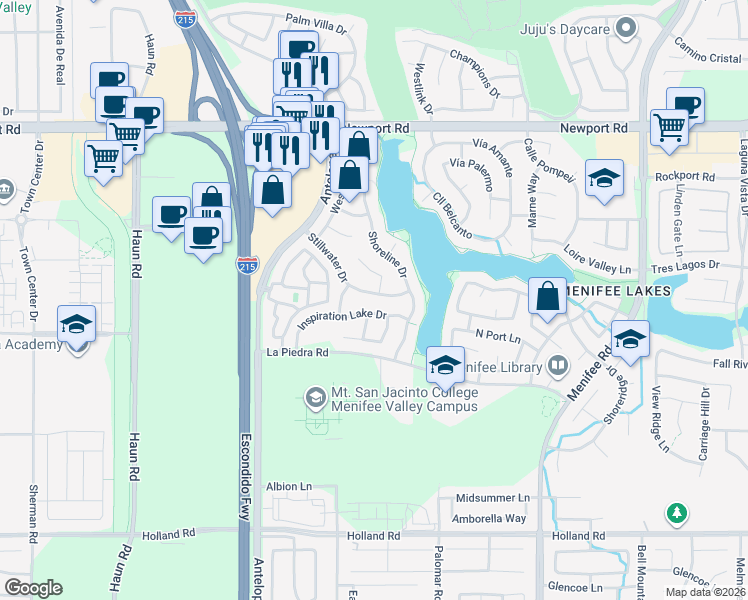 map of restaurants, bars, coffee shops, grocery stores, and more near 28323 Stillwater Drive in Menifee