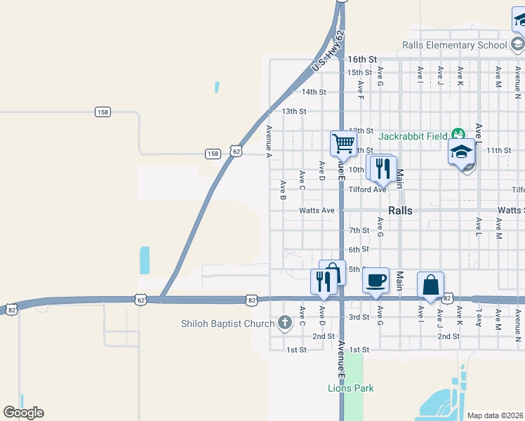 map of restaurants, bars, coffee shops, grocery stores, and more near 801 West Avenue A Street in Ralls