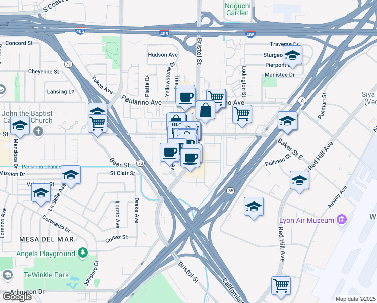 map of restaurants, bars, coffee shops, grocery stores, and more near 2937 Bristol Street in Costa Mesa