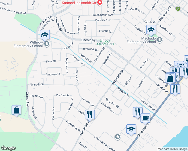 map of restaurants, bars, coffee shops, grocery stores, and more near 15030 Larson Road in Lake Elsinore