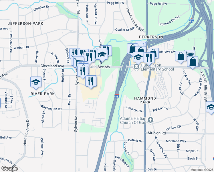 map of restaurants, bars, coffee shops, grocery stores, and more near 2800 Springdale Road Southwest in Atlanta