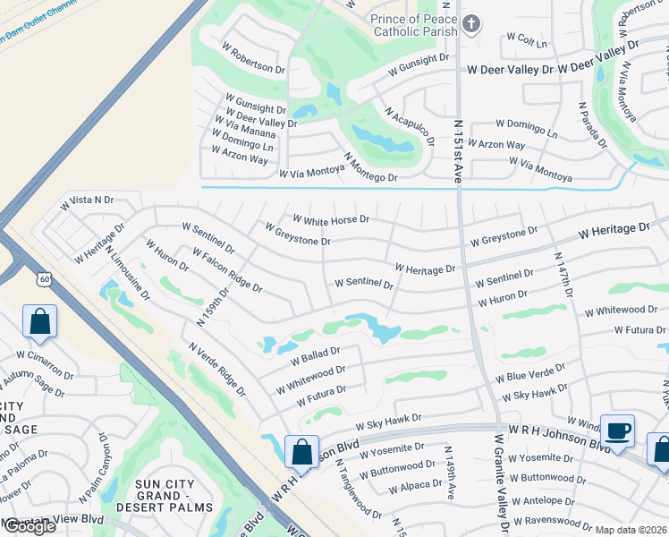 map of restaurants, bars, coffee shops, grocery stores, and more near 15621 West Heritage Drive in Sun City West