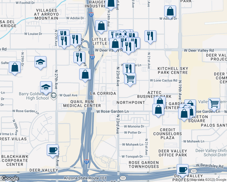 map of restaurants, bars, coffee shops, grocery stores, and more near 21220 North 23rd Avenue in Phoenix