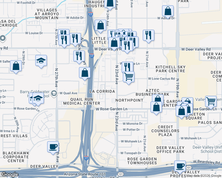 map of restaurants, bars, coffee shops, grocery stores, and more near 21239 North 24th Avenue in Phoenix