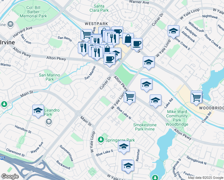 map of restaurants, bars, coffee shops, grocery stores, and more near 7 Woodleaf in Irvine