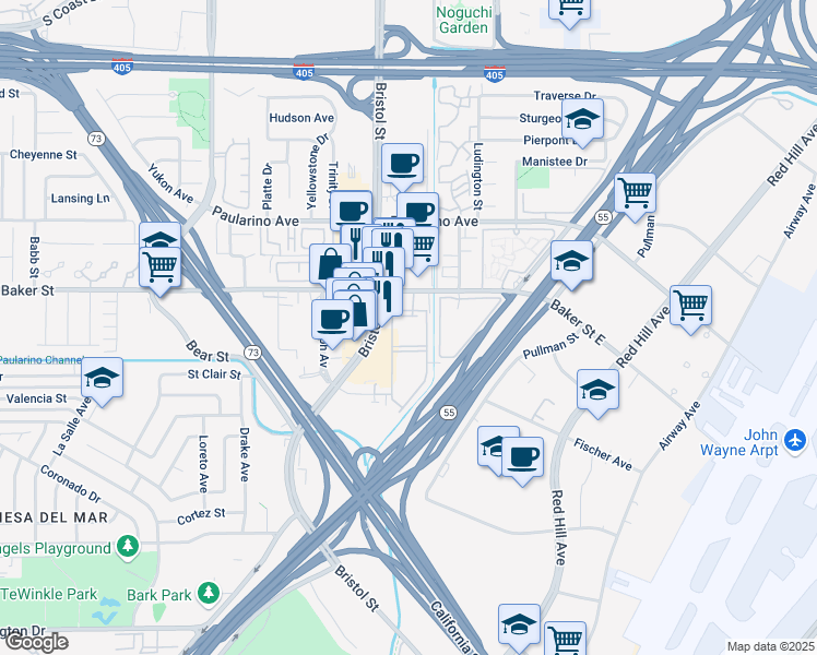 map of restaurants, bars, coffee shops, grocery stores, and more near 687 Baker Street in Costa Mesa