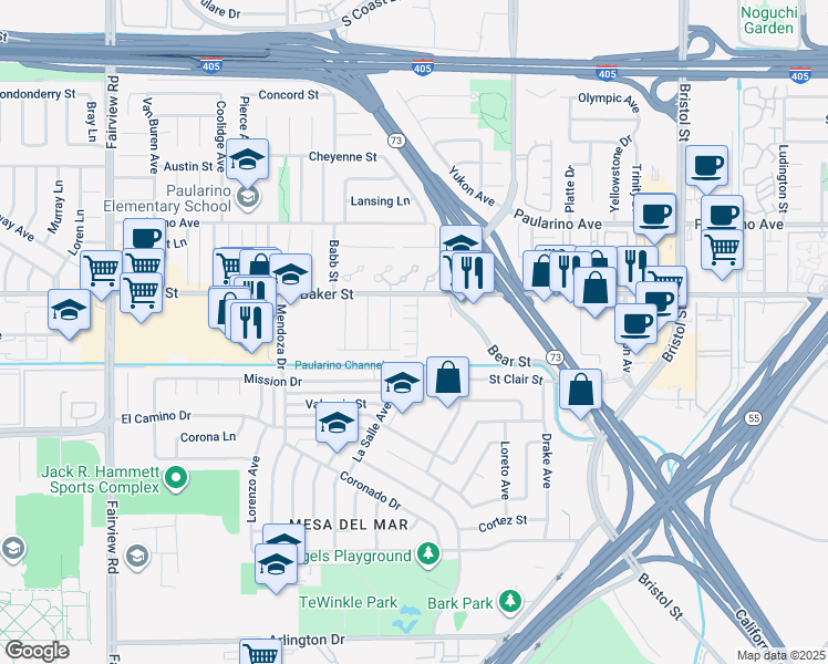 map of restaurants, bars, coffee shops, grocery stores, and more near 2992 Lumiere Drive in Costa Mesa
