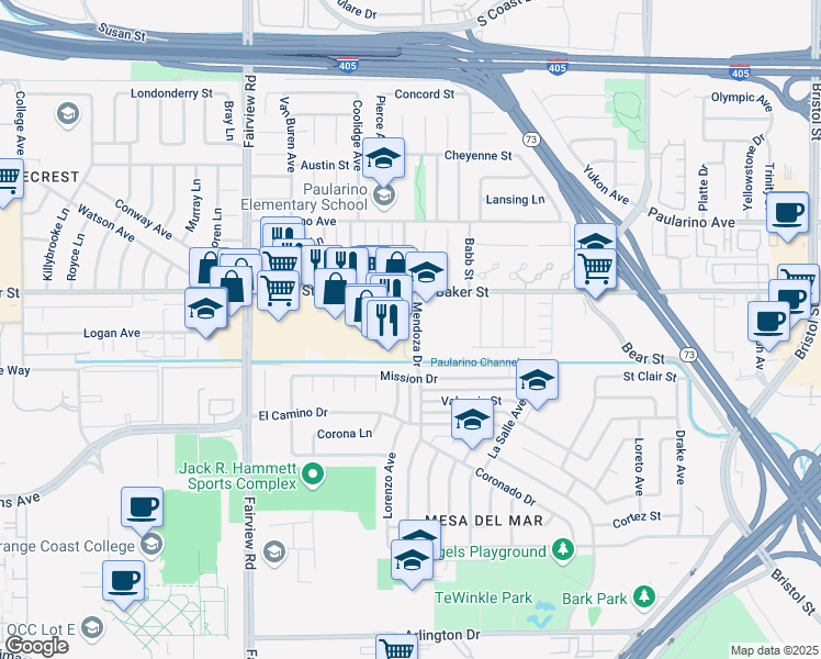 map of restaurants, bars, coffee shops, grocery stores, and more near 2977 Mendoza Drive in Costa Mesa