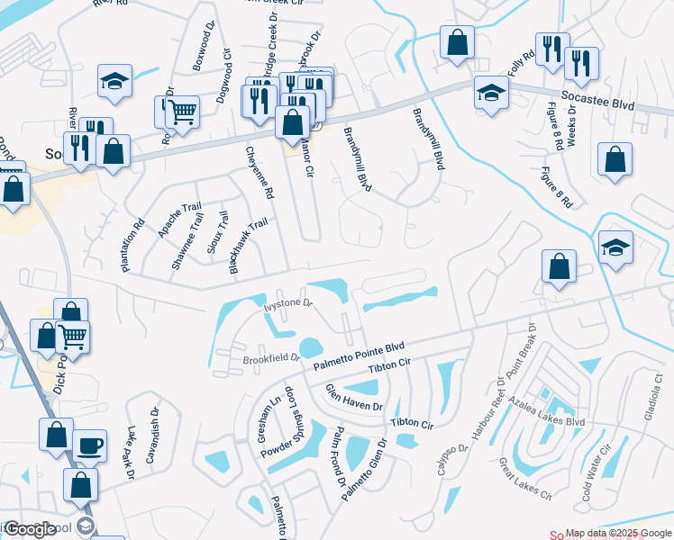 map of restaurants, bars, coffee shops, grocery stores, and more near 223 Plantation Road in Myrtle Beach