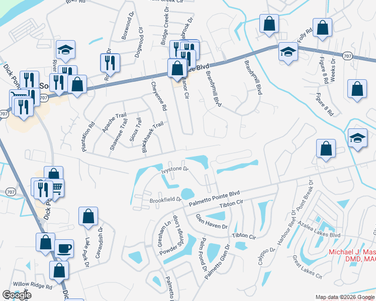 map of restaurants, bars, coffee shops, grocery stores, and more near 207 Townes Court in Myrtle Beach