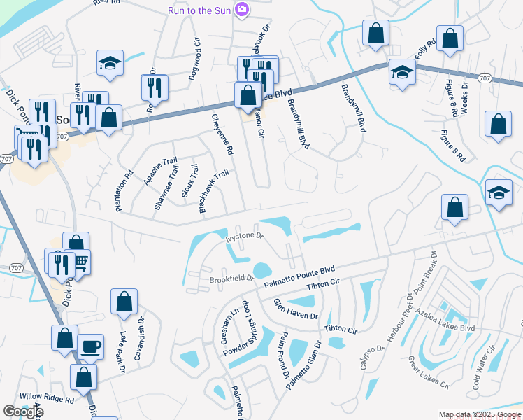 map of restaurants, bars, coffee shops, grocery stores, and more near 207 Townes Court in Myrtle Beach
