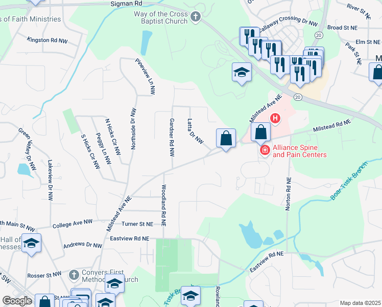 map of restaurants, bars, coffee shops, grocery stores, and more near 1320 Milstead Avenue Northeast in Conyers