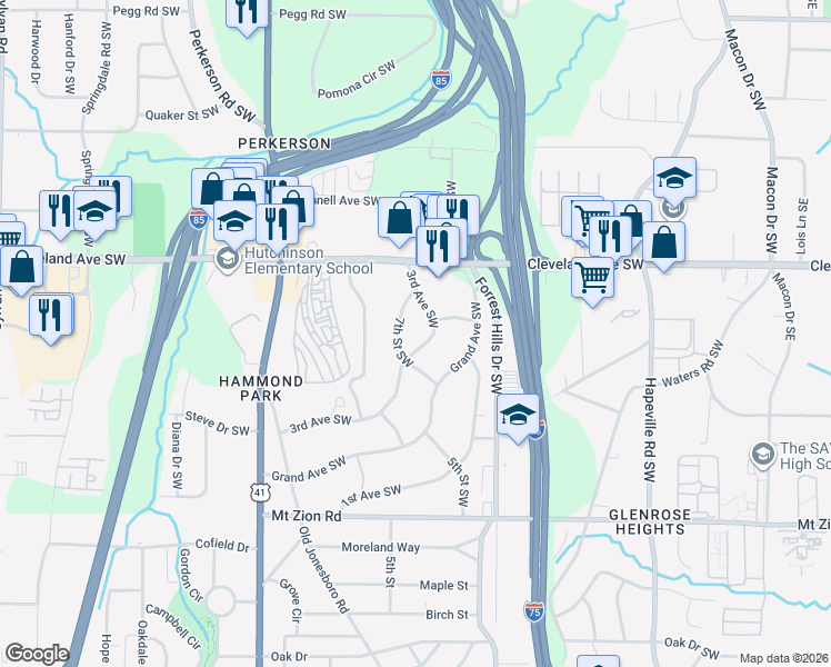 map of restaurants, bars, coffee shops, grocery stores, and more near 2803 3rd Avenue Southwest in Atlanta