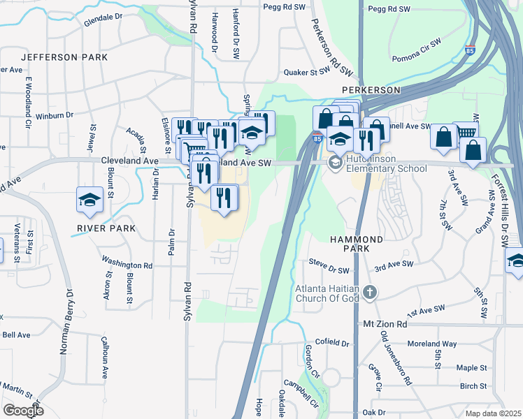 map of restaurants, bars, coffee shops, grocery stores, and more near 2800 Springdale Road Southwest in Atlanta