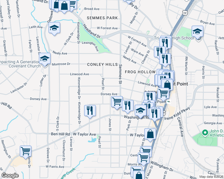 map of restaurants, bars, coffee shops, grocery stores, and more near 1831 Thompson Avenue in East Point