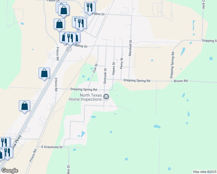 map of restaurants, bars, coffee shops, grocery stores, and more near 2829 Dripping Springs Road in Sherman