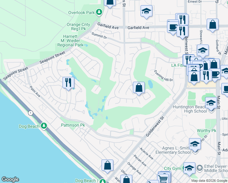 map of restaurants, bars, coffee shops, grocery stores, and more near 19531 Peninsula Lane in Huntington Beach