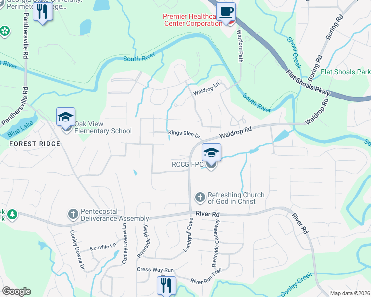 map of restaurants, bars, coffee shops, grocery stores, and more near 3167 Kings Glen Drive in Decatur
