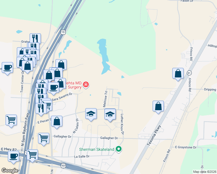 map of restaurants, bars, coffee shops, grocery stores, and more near 1603 Moreland Drive in Sherman
