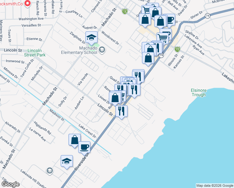 map of restaurants, bars, coffee shops, grocery stores, and more near 3570 Raven Drive in Lake Elsinore