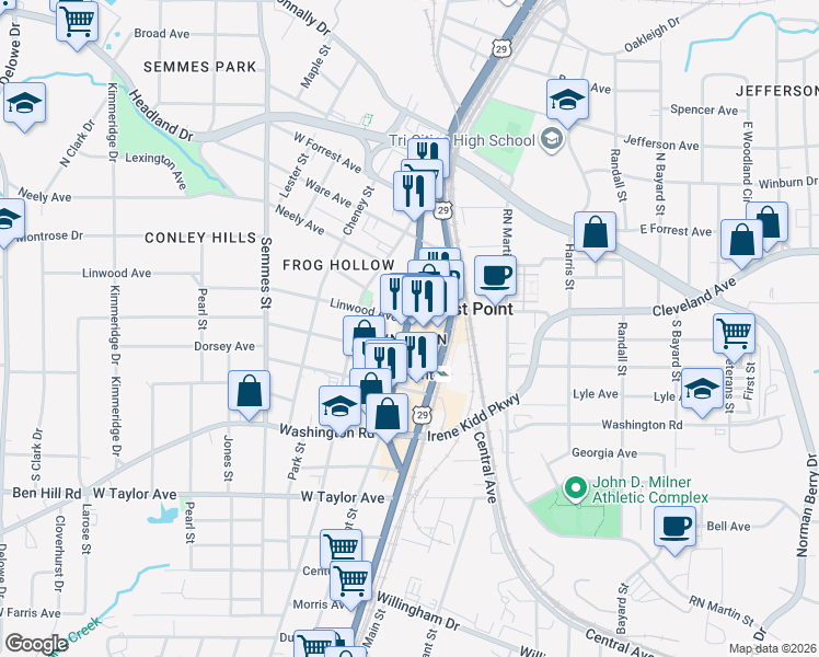 map of restaurants, bars, coffee shops, grocery stores, and more near in East Point