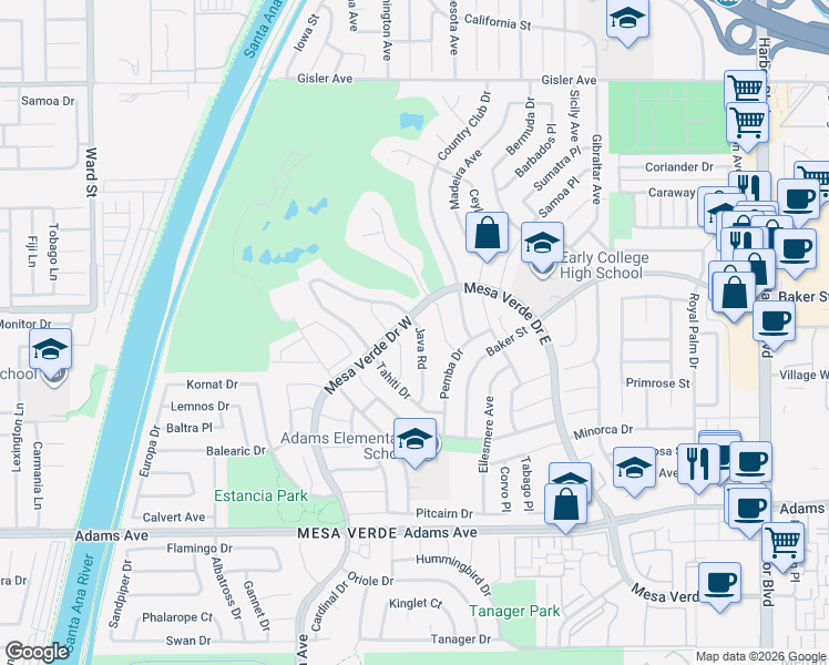 map of restaurants, bars, coffee shops, grocery stores, and more near 3002 Java Road in Costa Mesa