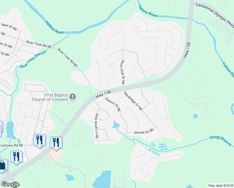 map of restaurants, bars, coffee shops, grocery stores, and more near 1300 River Club Drive Northeast in Conyers
