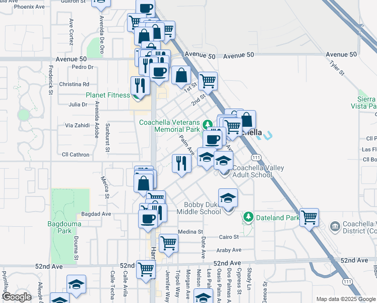 map of restaurants, bars, coffee shops, grocery stores, and more near 1461 5th Street in Coachella