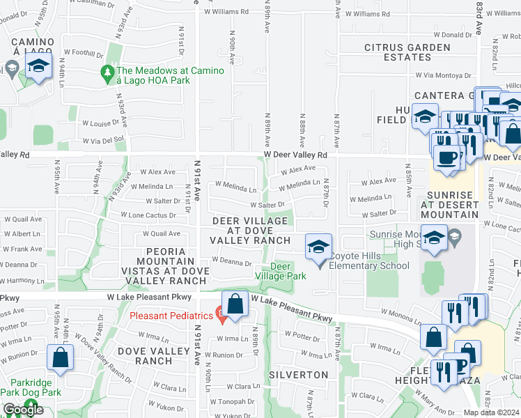 map of restaurants, bars, coffee shops, grocery stores, and more near 8903 West Salter Drive in Peoria